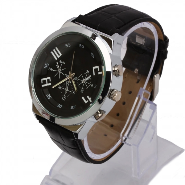 Leather Band Round Steel Case Quartz Wrist Watch