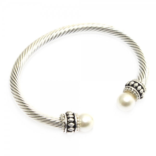 Simple Silver Plated Bangle with Pearls - White